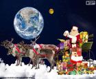 Сани Санта-Клауса, стоя на облаке, наблюдение Земли и Луны